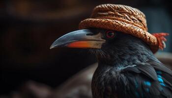 Animal head with multi colored feathers, beak and piercing eye generated by AI photo