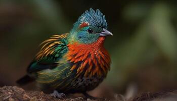 Majestic starling perching on branch, iridescent feathers shining brightly generated by AI photo