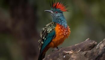 Multi colored bird perching on branch in tropical rainforest generated by AI photo