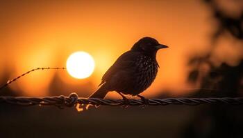 Silhouette of bird perching on branch at dusk, back lit generated by AI photo