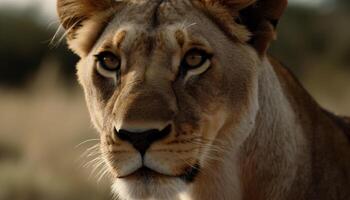 majestuoso leona curioso, alerta en el desierto, belleza en naturaleza generado por ai foto