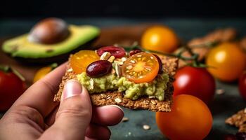 Healthy vegetarian guacamole snack with fresh avocado and tomato slice generated by AI photo