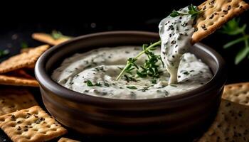 Fresh tzatziki dip on a rustic plate, perfect vegetarian appetizer generated by AI photo