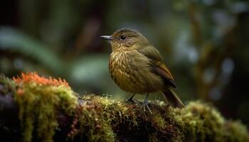 Small bird perching on branch, feathers and beak in focus generated by AI photo