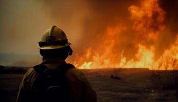 Firefighters working outdoors, extinguishing inferno with protective workwear and equipment generated by AI photo