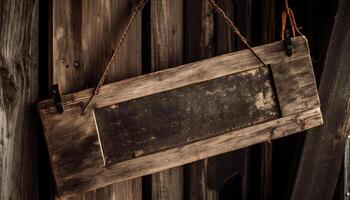 Rustic wooden sign hanging by rope on weathered plank frame generated by AI photo