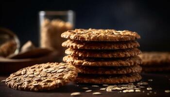 Dark chocolate chip cookie stack, a sweet indulgence on table generated by AI photo