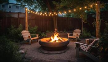 Burning wood illuminates natural summer night, perfect for outdoor relaxation generated by AI photo
