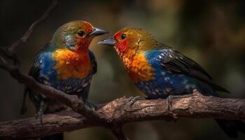 Vibrant lorikeet pair perching on branch in tropical forest generated by AI photo