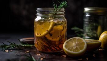 Organic lemonade with fresh citrus fruit and herb garnish generated by AI photo