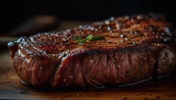 Juicy grilled steak, cooked rare, on rustic wooden plate generated by AI photo