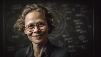 Smiling Caucasian professor in black background with eyeglasses and wisdom generated by AI photo