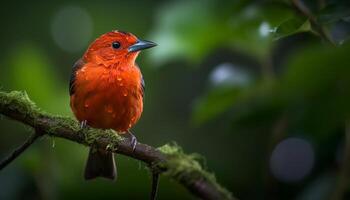 pequeño pájaro encaramado en rama, atención en vistoso plumas generado por ai foto