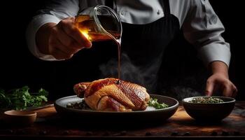 A la parrilla pollo y Turquía carne en hecho en casa gastrónomo plato generado por ai foto