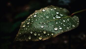 Fresh green leaf with dew drop reflects vibrant autumn beauty generated by AI photo