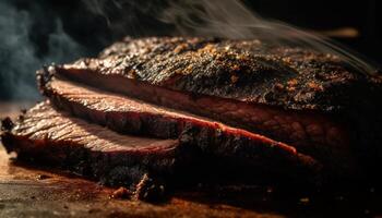 Grilled steak, smoked pork, and beef fillet on rustic plate generated by AI photo