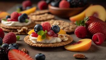 Fresh berry dessert on rustic wood plate with mint decoration generated by AI photo