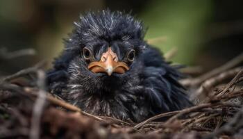 Cute yellow hatchling peeks out of animal nest on branch generated by AI photo