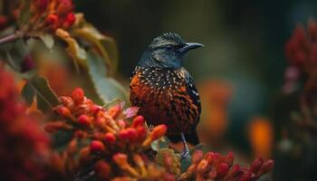 Male starling perching on branch, close up of multi colored feathers generated by AI photo