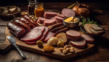 Freshly sliced salami and prosciutto on rustic wooden cutting board generated by AI photo