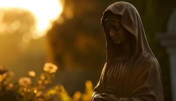 Sunset prayer at statue symbolizes spirituality and love for God generated by AI photo