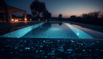 azul piscina refleja moderno arquitectura en tranquilo invierno puesta de sol escena generado por ai foto