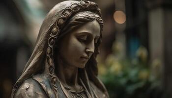 Praying woman mourns at famous tombstone, symbol of Christianity history generated by AI photo
