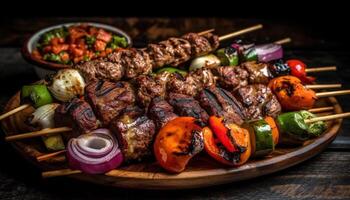 A la parrilla carne brochetas con verduras, un gastrónomo verano aperitivo plato generado por ai foto