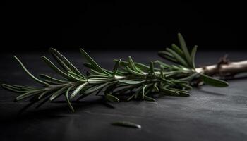 Fresh organic herbs and spices on rustic wooden table foreground generated by AI photo