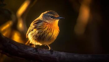 amarillo teta sentado en rama, canto en tranquilo bosque oscuridad generado por ai foto