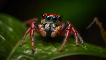 Spooky arachnid leg on green leaf in tropical rainforest generated by AI photo