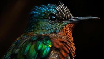 Vibrant hummingbird perching on branch, iridescent feathers shining brightly generated by AI photo