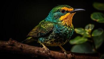 Yellow starling perching on branch, iridescent feathers shining brightly generated by AI photo