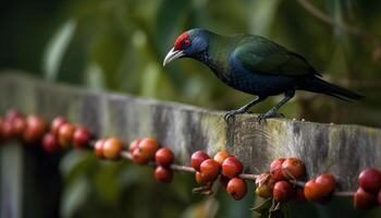 Colorful bird perched on branch, enjoying fruit in nature generated by AI photo