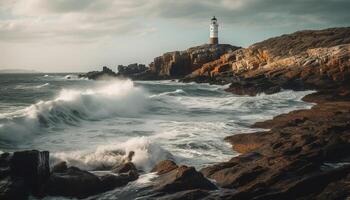 Rough seas crash against Asturias coastline, beacon guides travel generated by AI photo