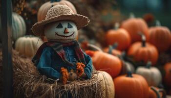 Spooky pumpkin lanterns decorate the farm for Halloween celebration generated by AI photo