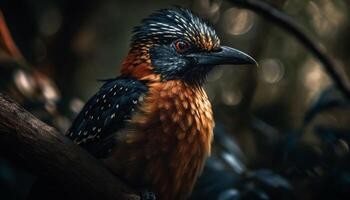 Male starling perching on branch, multi colored feather beauty in nature generated by AI photo