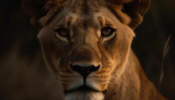 Majestic lioness staring, alert in the African wilderness savannah generated by AI photo