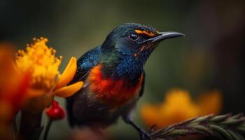 vibrante estornino encaramado en rama, polinizando vistoso flor generado por ai foto