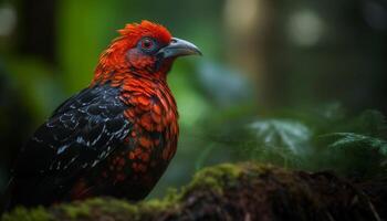 Multi colored rooster perching on branch in green forest generated by AI photo