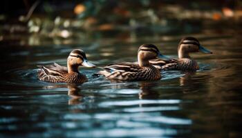 masculino pato real Pato graznando en ondulado agua, rodeado por familia generado por ai foto