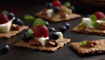 Fresh berry dessert with chocolate and mint leaf decoration on wood generated by AI photo