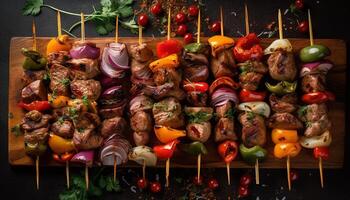 A la parrilla carne brochetas con Fresco verduras, Perfecto para al aire libre fiestas generado por ai foto