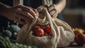 mano participación Fresco orgánico Tomates en arpillera bolsa, cerca arriba generado por ai foto