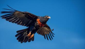 Majestic bald eagle perching on branch, spreading wings in mid air generated by AI photo