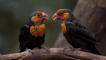 Two macaws perching on branch, one with orange beak generated by AI photo