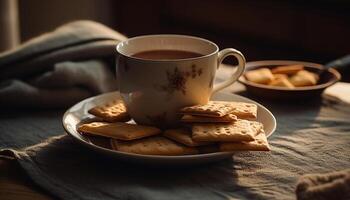 hecho en casa Galleta apilar en rústico mesa con caliente café refresco generado por ai foto