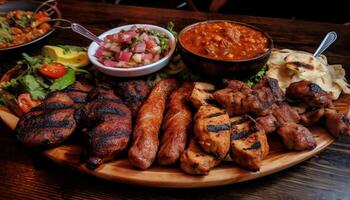 A la parrilla carne brochetas con Fresco vegetal ensalada y sabroso salsa generado por ai foto