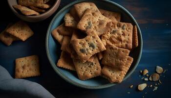 Stack of crunchy homemade chocolate chip cookies on rustic wood table generated by AI photo