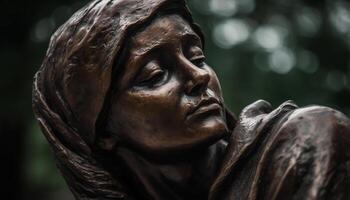 Christian woman praying at an old statue of indigenous culture generated by AI photo